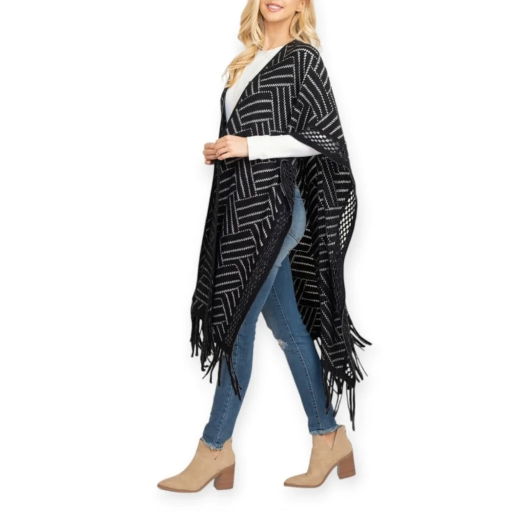 Herringbone Ruana With Fringe - Picture 2 of 12